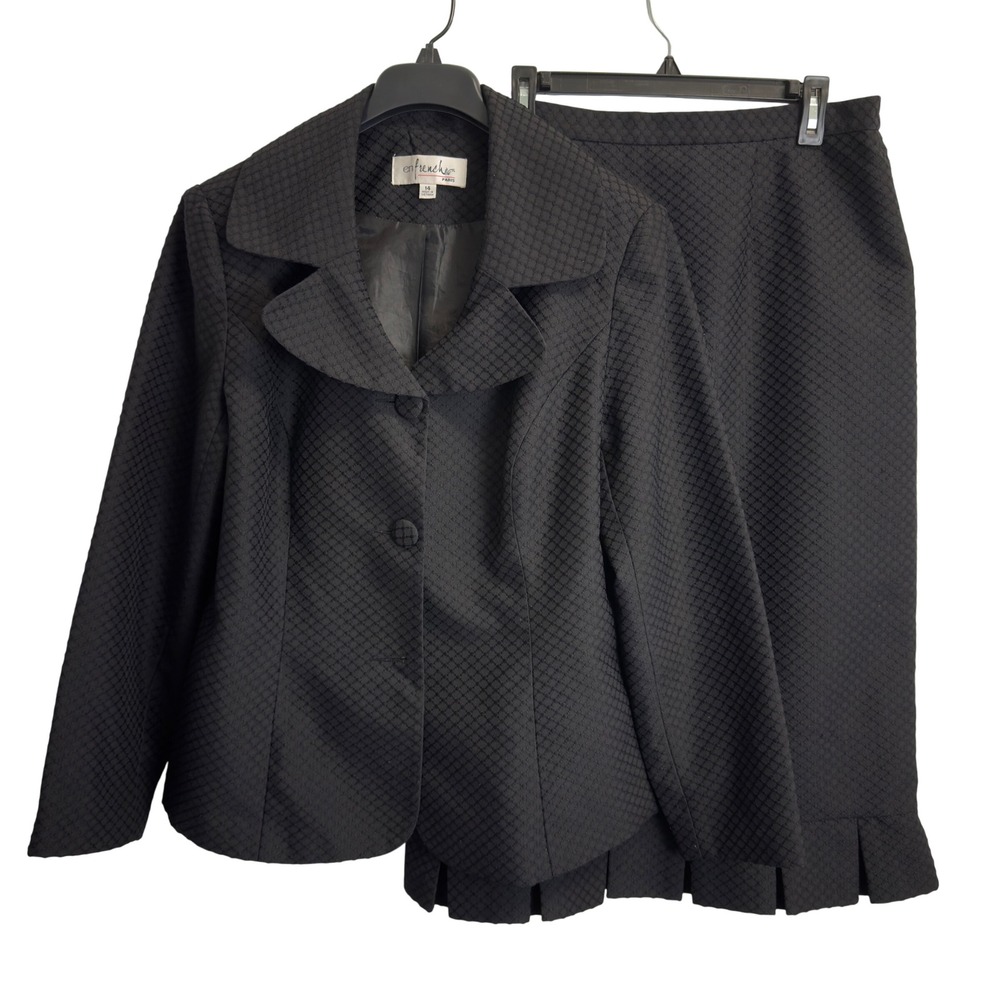 En French Paris Womens Black Textured Skirt Suit Set Size 14 Blazer Ruffle Skirt